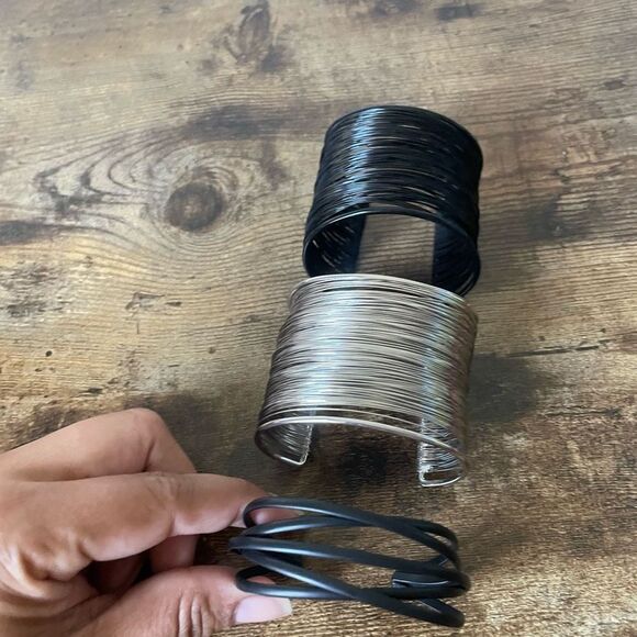 3 Wide Cuff Bracelet Bundle, 2 black and silver. NWOT - Picture 1 of 4